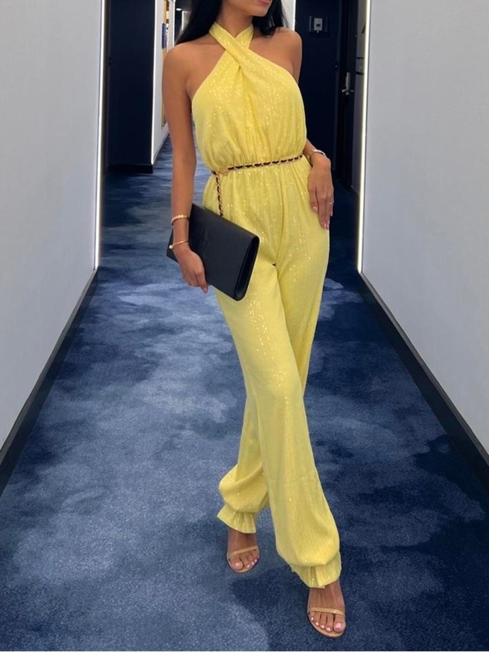 ALAMOUR THE LABEL Solange Sequin Jumpsuit Yellow Disco Cowgirl Vegas Wedding new